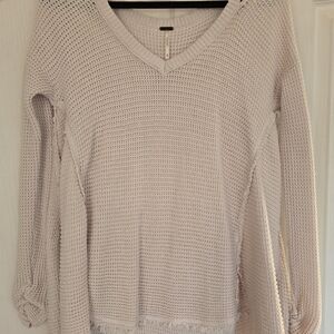 Free People Cream Knit V-Neck Sweater